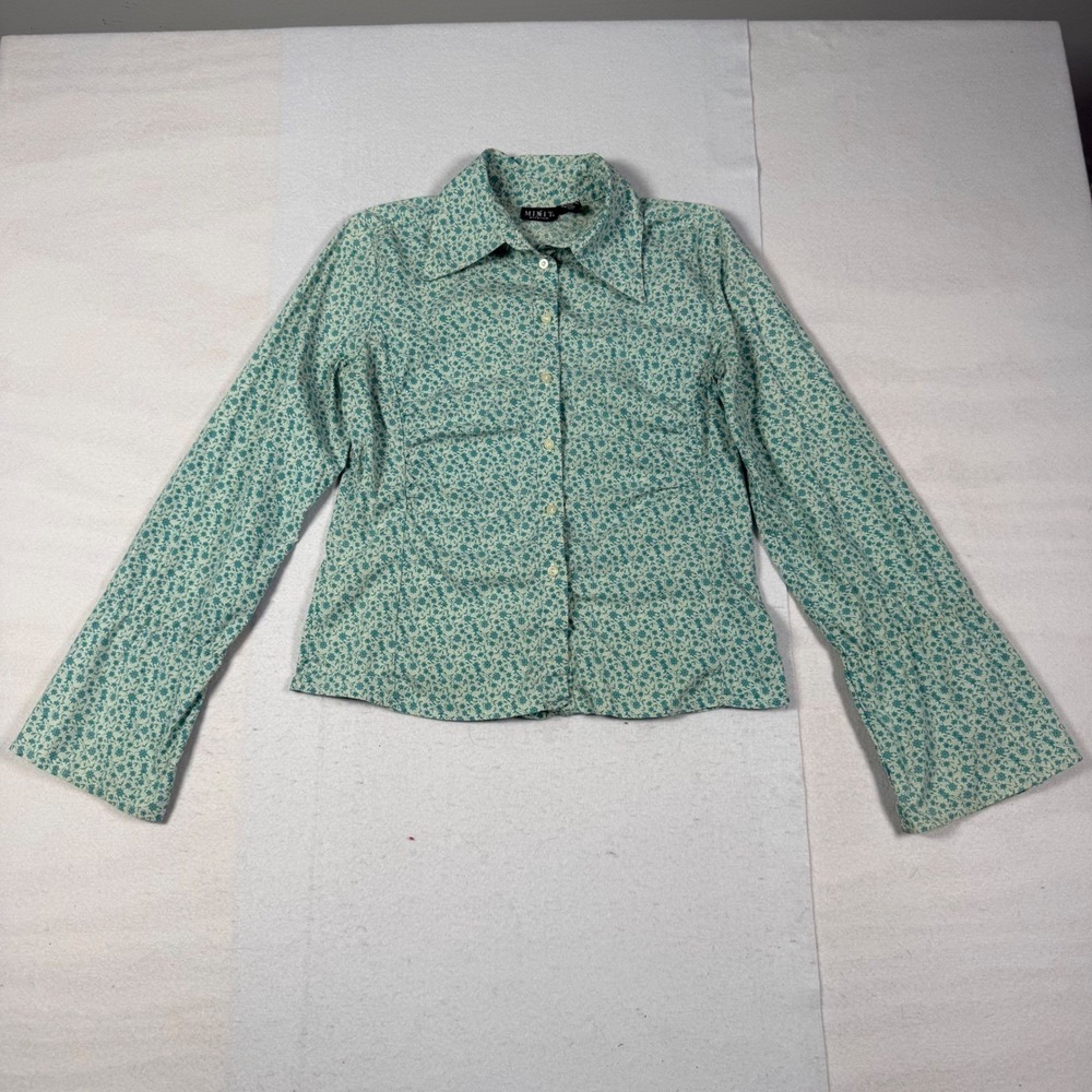 Mixit Stretch Preppy Teal Floral Button Down Shirt Long Sleeve 6 Vintage Y2K